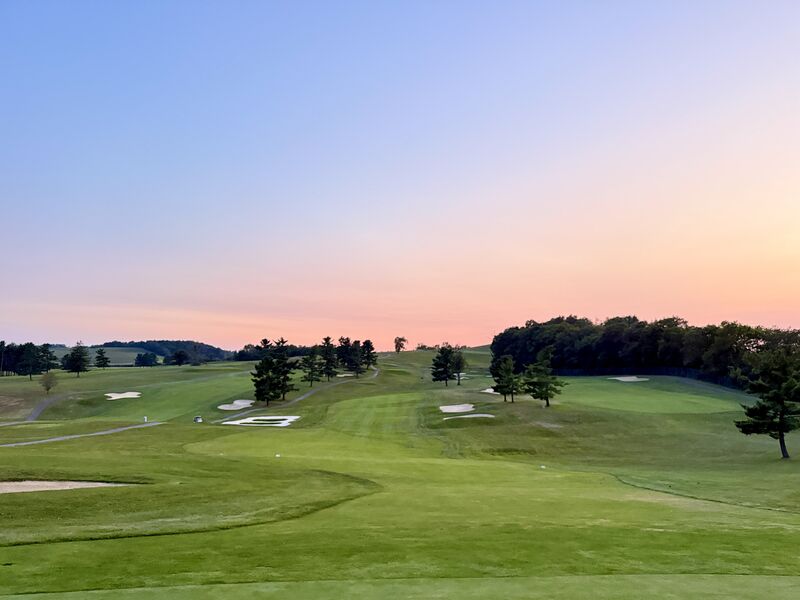 A green and bunkers under a pink and blue dusk sky